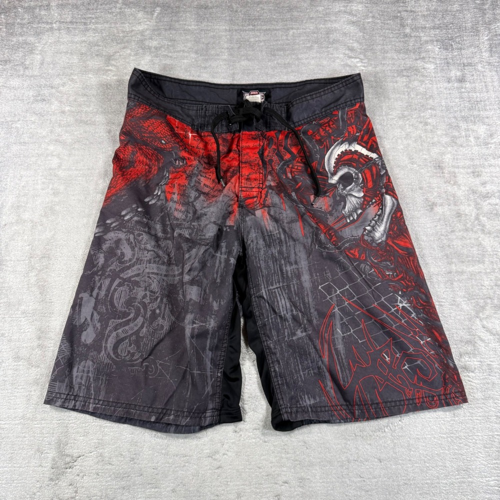 MMA Elite Board Shorts Mens Medium Red Black Skull Snake Graphic Y2K Grunge MMA
